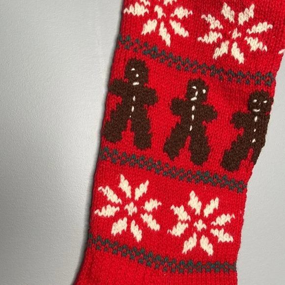 HANDKNIT Wool Christmas Stocking Red Gingerbread Men Snowflakes Large Capacity - Picture 3 of 5